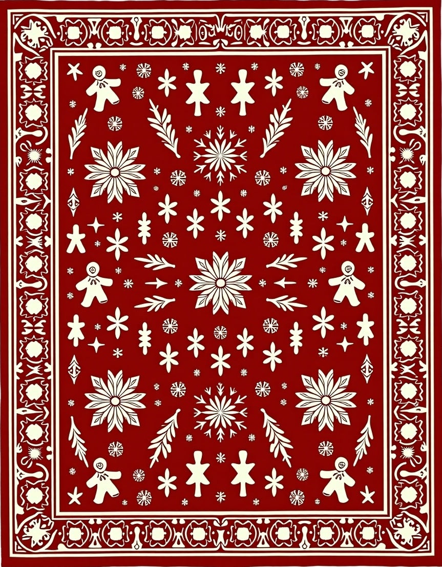 Festive Red Gingerbread Snowflakes Border Rug