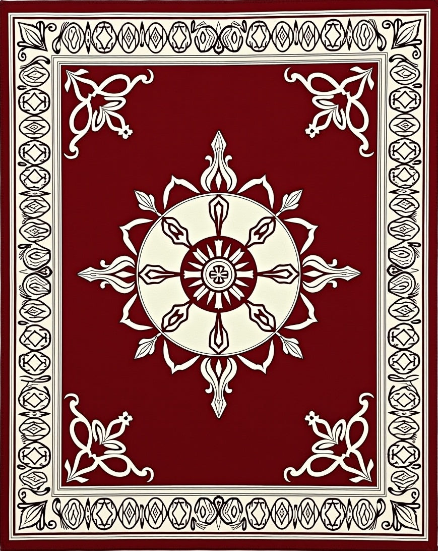 Crimson Ivory Mandala Floral Border Rug