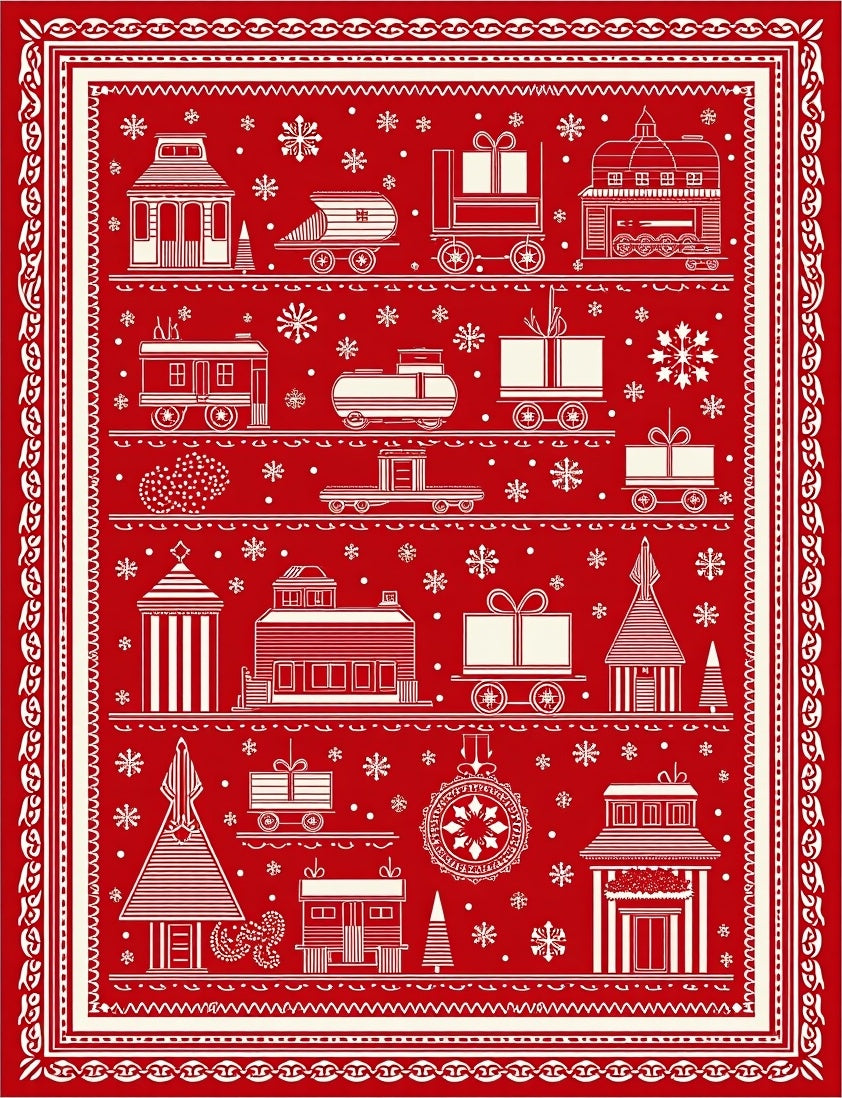 Red White Holiday Train Cottage Snowflakes Rug