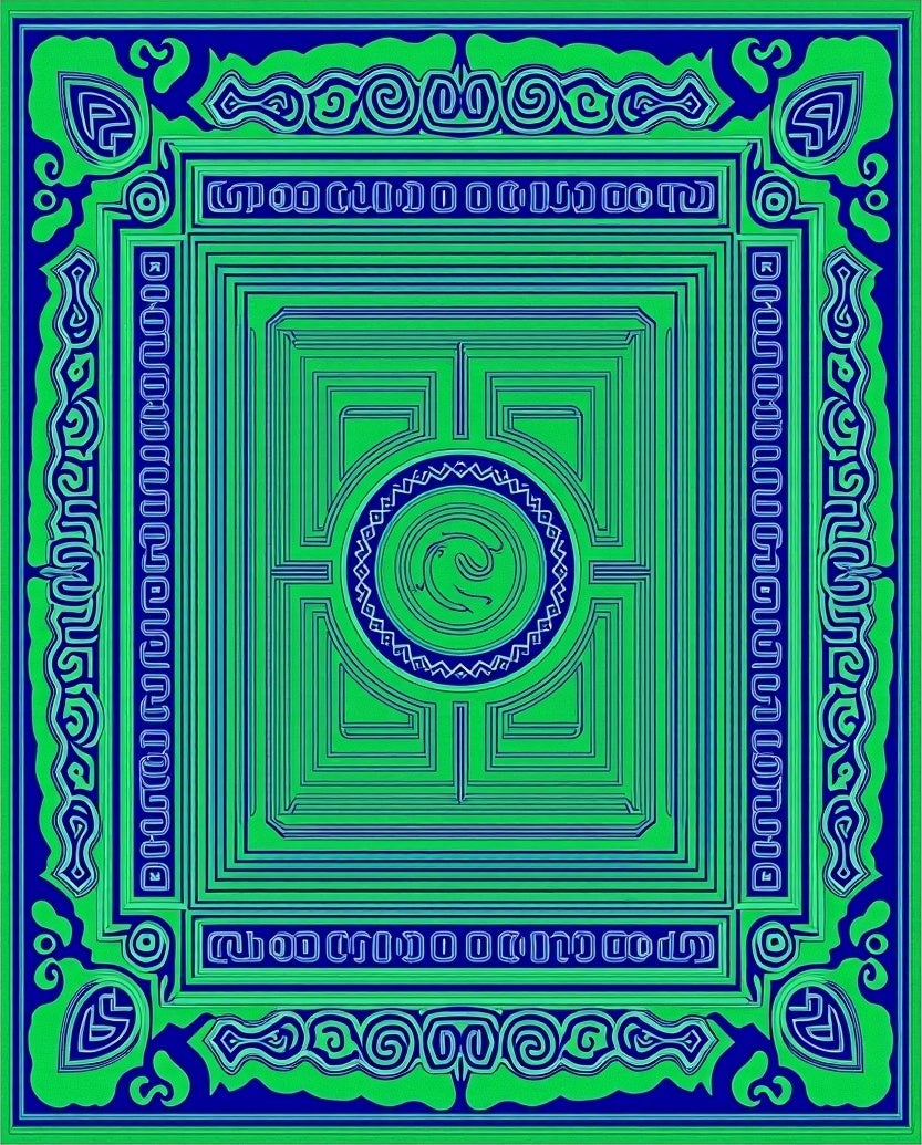 Vibrant Green Blue Geometric Maze Rug