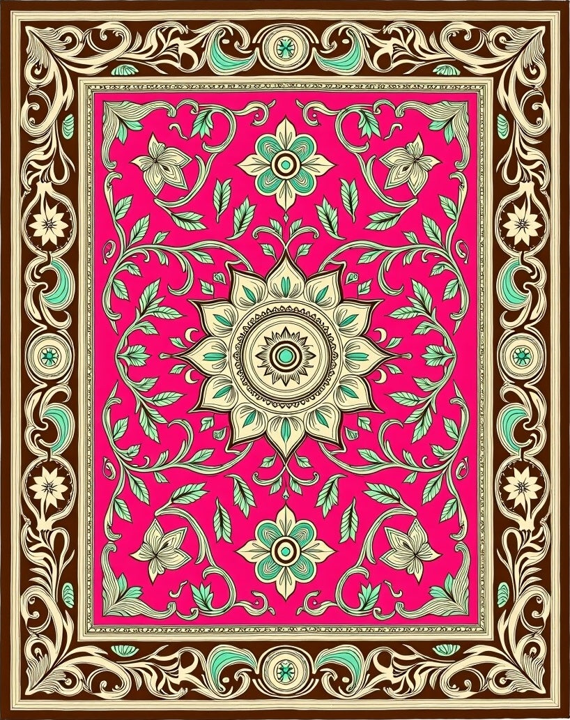 Vivid Pink Floral Vine Border Rug