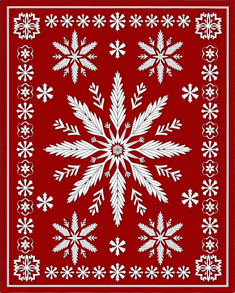 Crisp Red Snowflake Medallion Border Rug