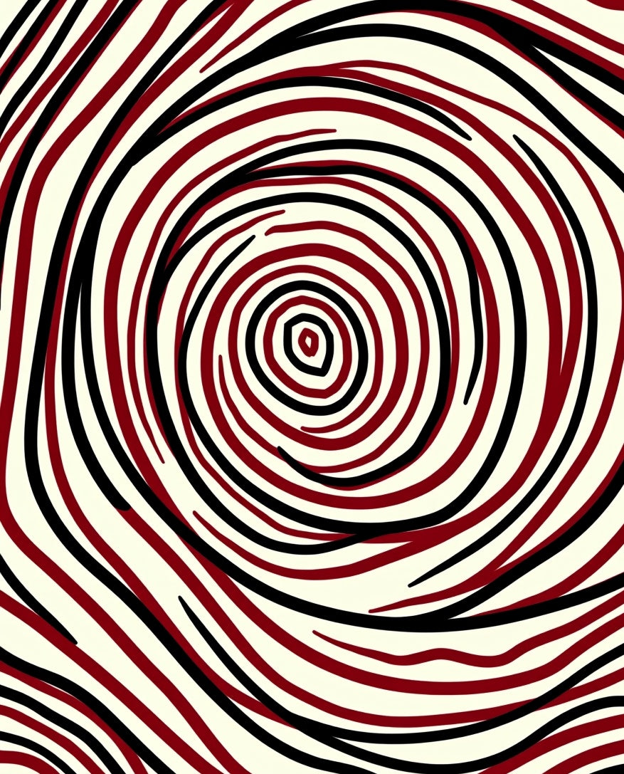 Crimson Black Swirling Concentric Rings Rug