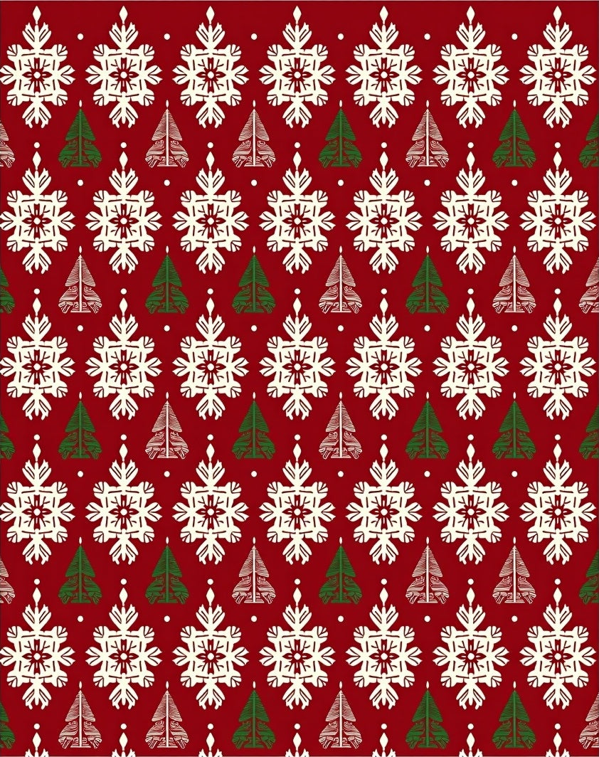 Red Evergreen Snowflake Repeating Pattern Rug