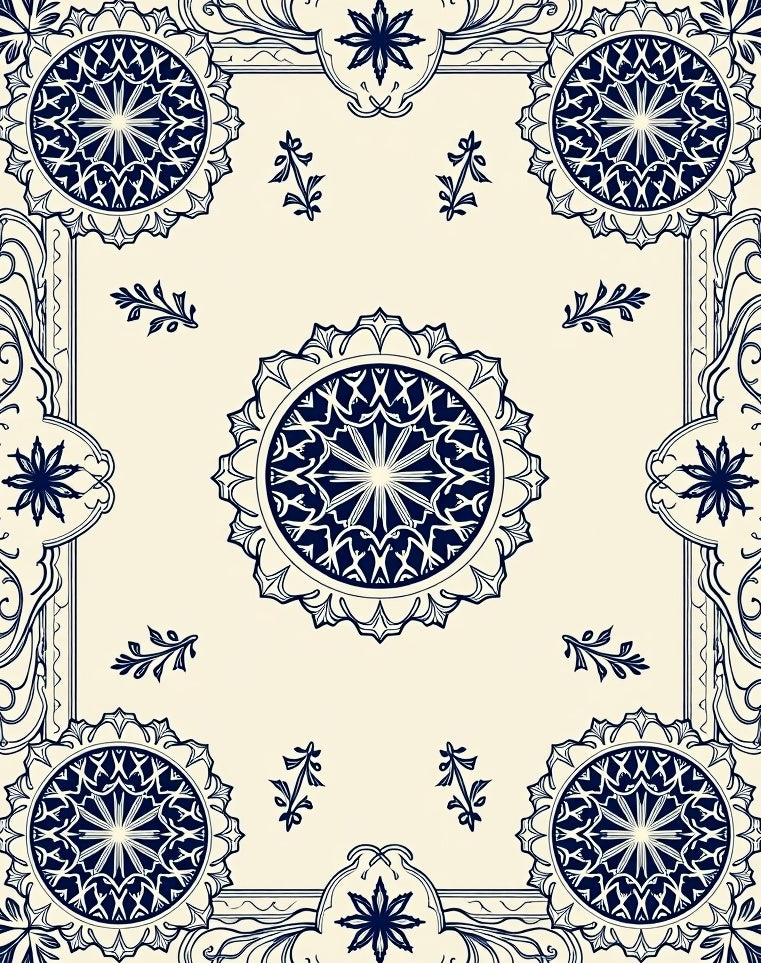 Cream Ivory Navy Mandala Medallion Border Rug