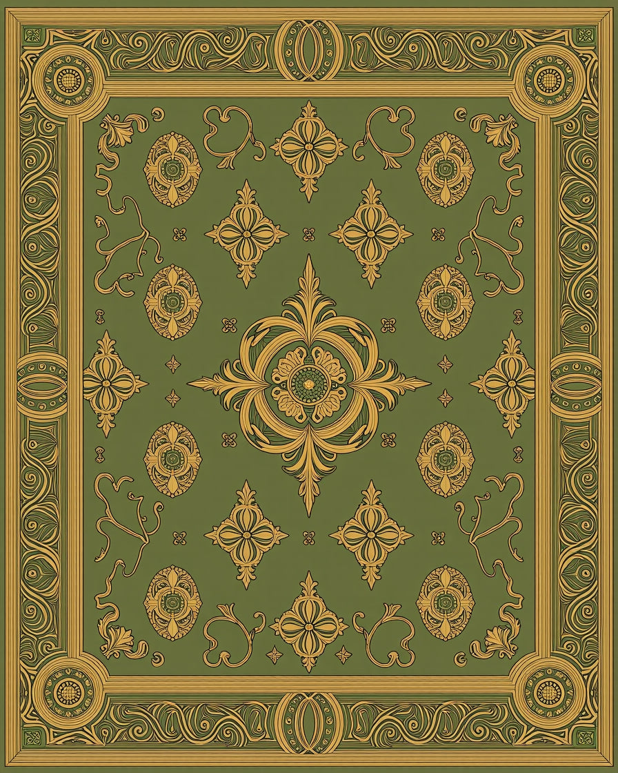 Ornate Green Gold Scrollwork Medallion Rug