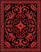 Red Floral Scrollwork Black Rug