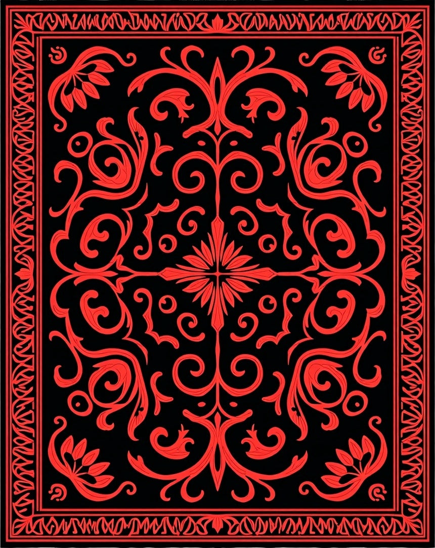 Red Floral Scrollwork Black Rug