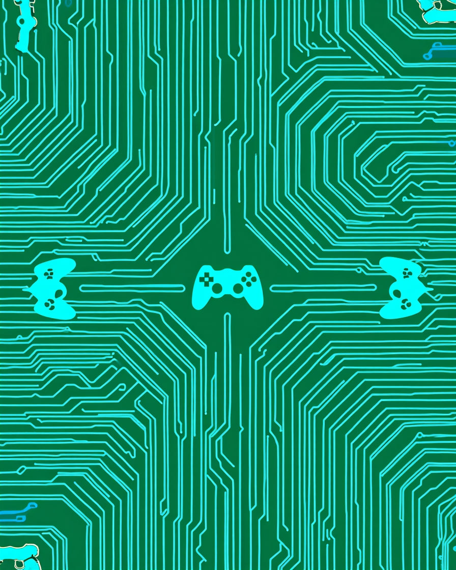 Teal Circuit Board Video Game Controllers Rug