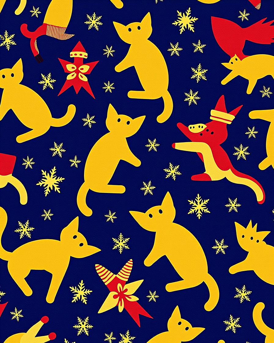 Yellow Cats Snowflakes Red Stars Navy Rug