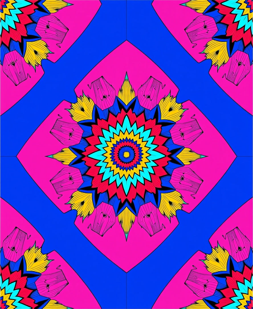 Vibrant Pink Blue Radial Bloom Rug