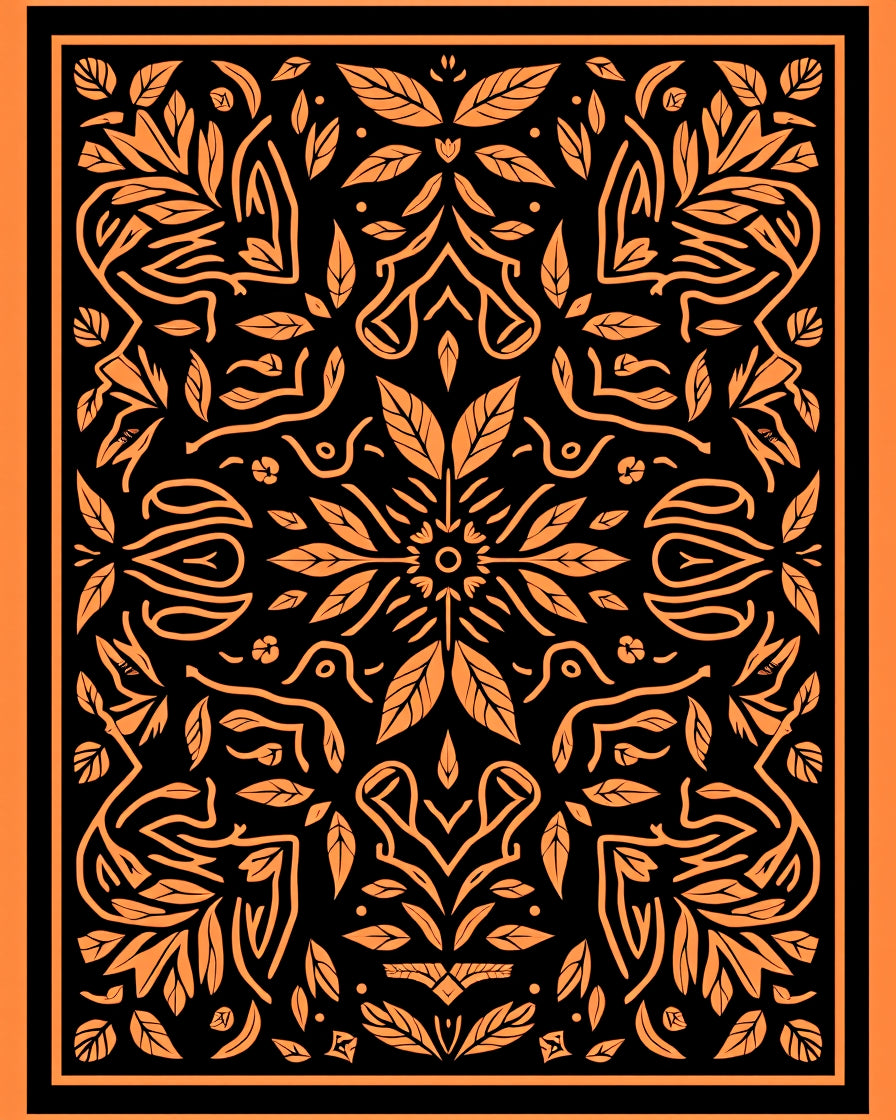 Orange Black Ornate Botanical Bird Arrangement Rug