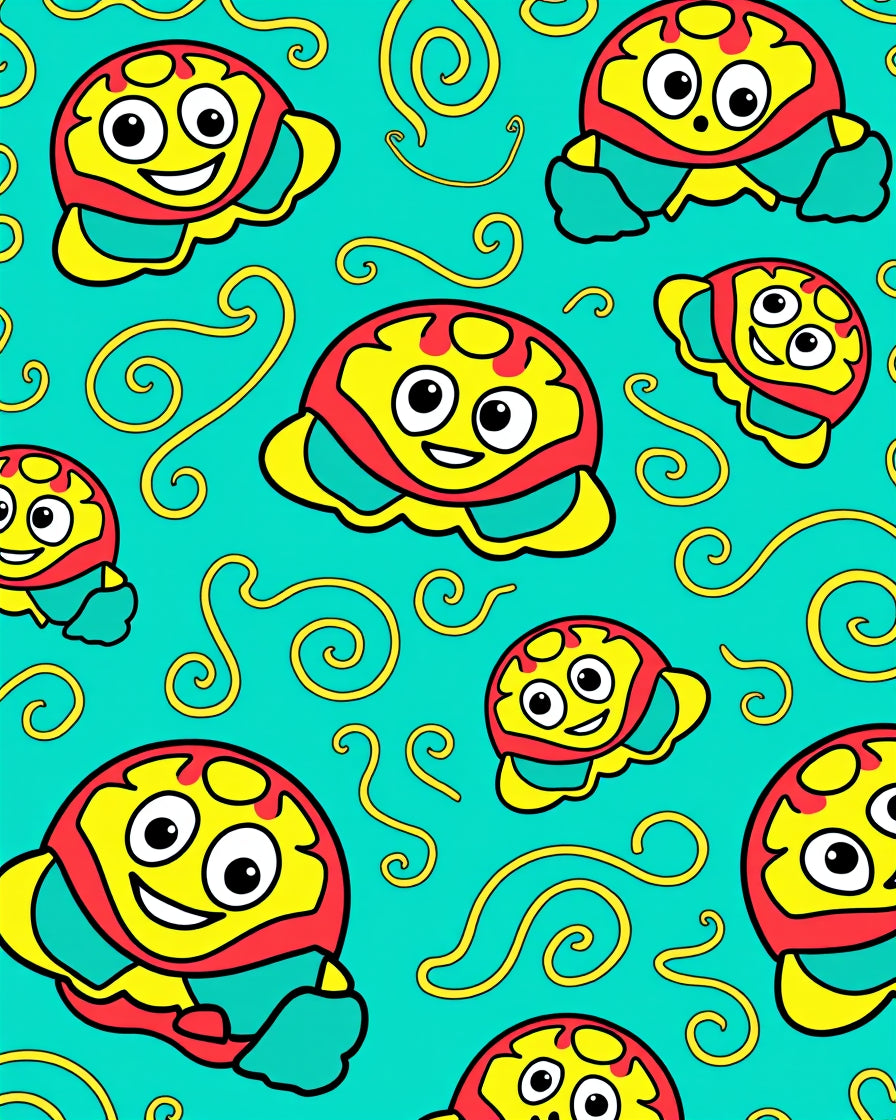 Whimsical Cartoon Characters on Teal Background Rug