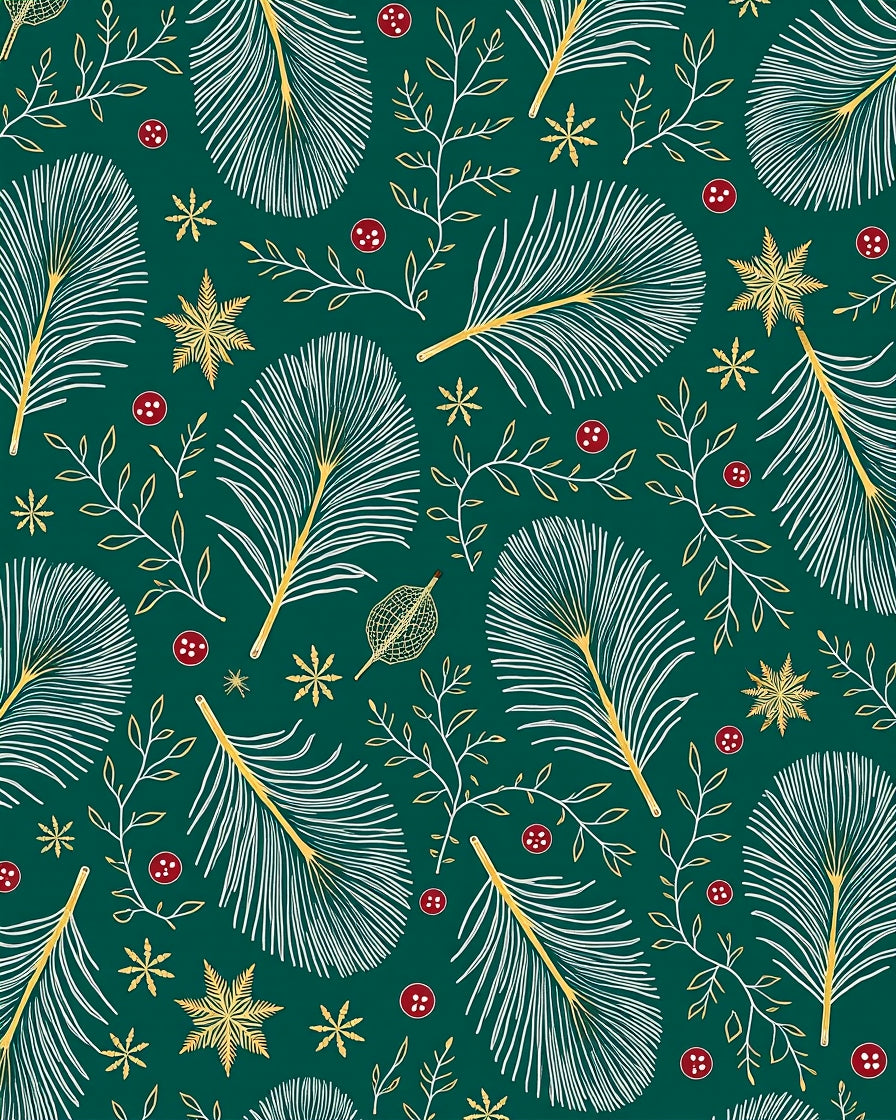 Emerald Green White Gold Feather Snowflakes Rug