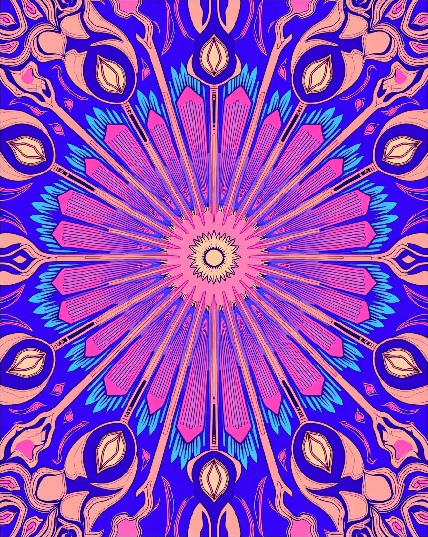 Vibrant Pink Blue Floral Sunburst Rug