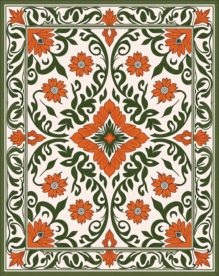 Orange Floral Vine Border Garden Rug