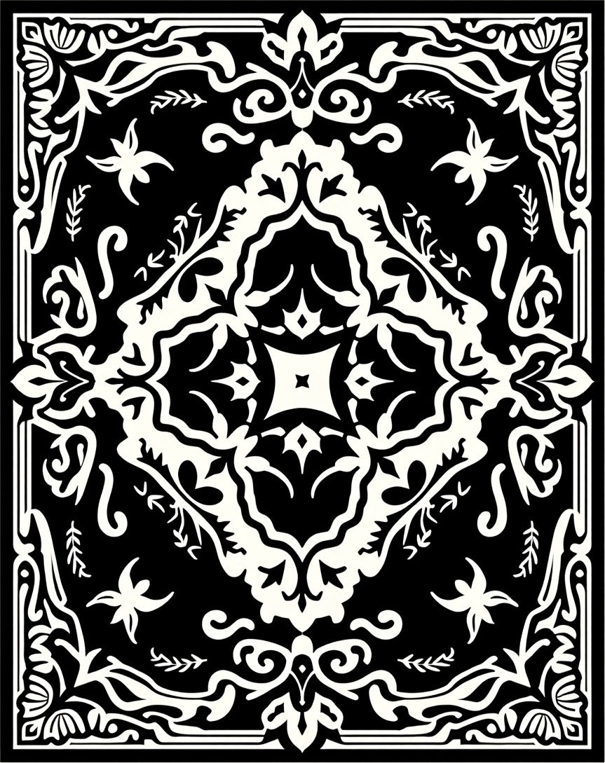 Black and White Ornamental Floral Medallion Rug