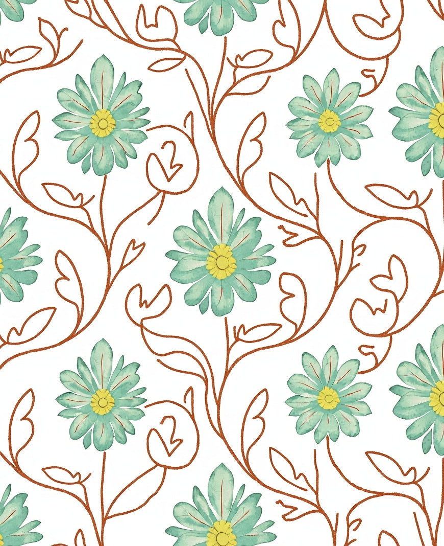 Teal Flowers On Brown Vine Rug
