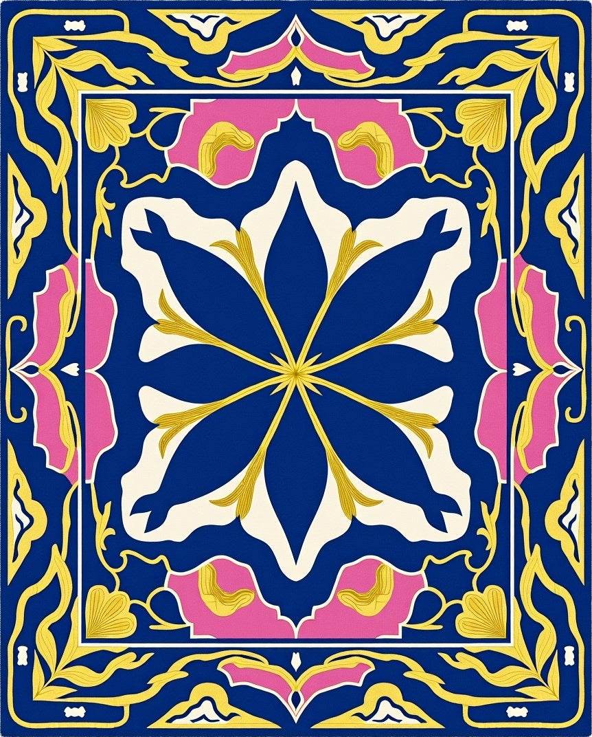 Vibrant Blue Floral Medallion Pink Border Rug