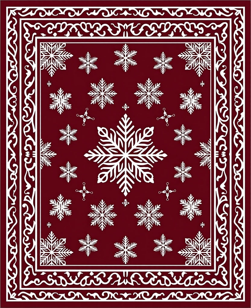 Crimson Red Snowflake Winter Border Rug