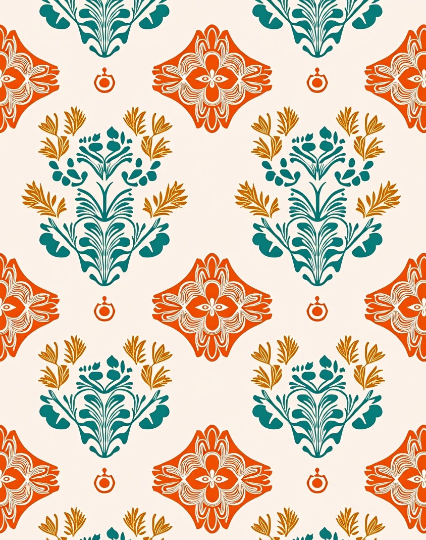 Orange Teal Floral Garden Damask Rug