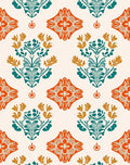 Orange Teal Floral Garden Damask Rug