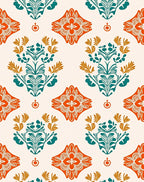 Orange Teal Floral Garden Damask Rug