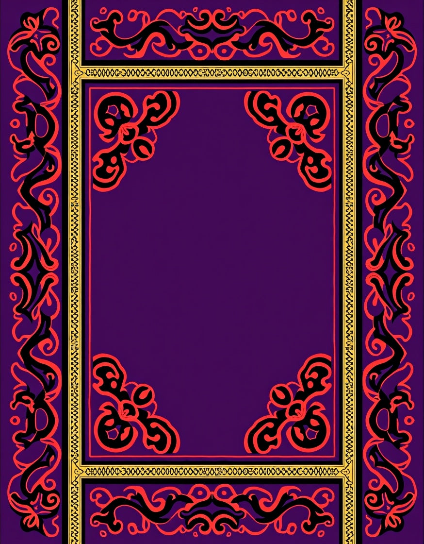 Purple Red Black Golden Filigree Frame Rug