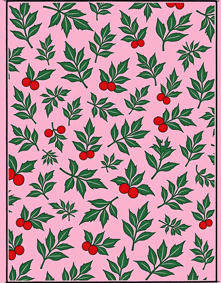 Pink Green Berry Leaf Scatter Rug