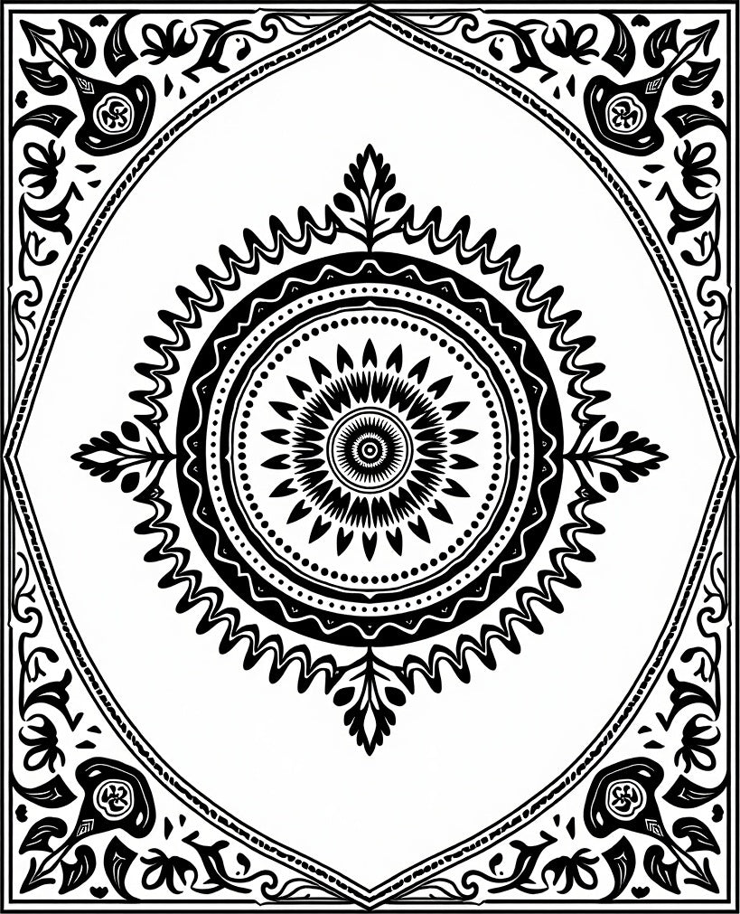 Black White Central Medallion Ornament Rug