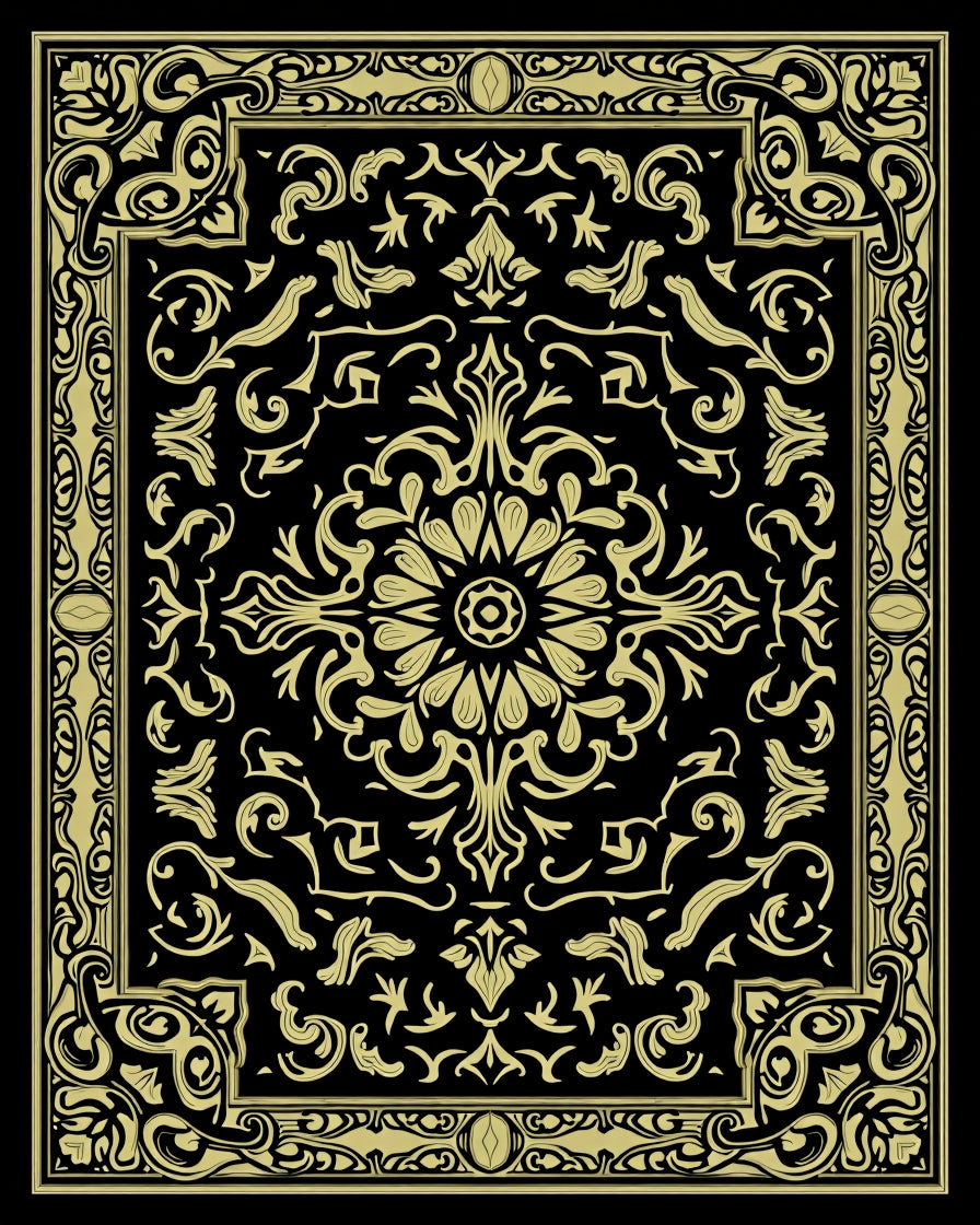 Golden Black Floral Inlay Rectangular Rug
