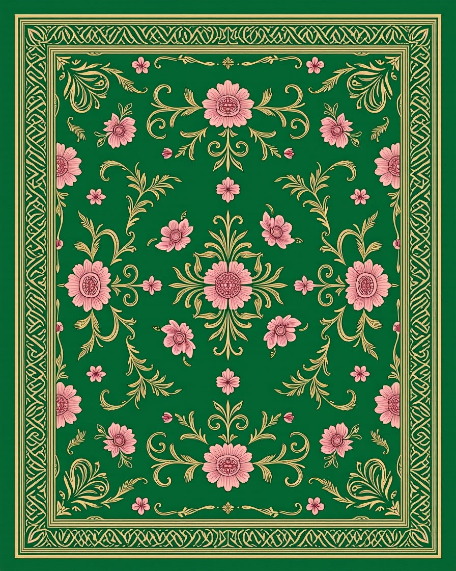 Emerald Green Pink Floral Garden Rug