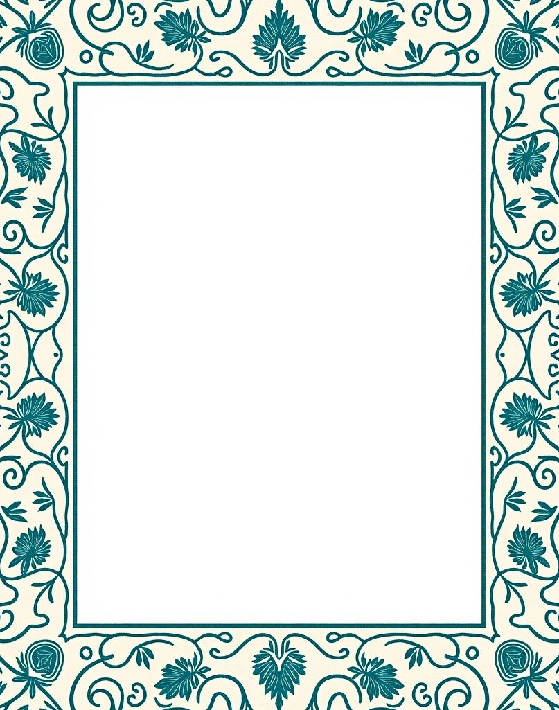 Cream Teal Floral Vine Border Rug