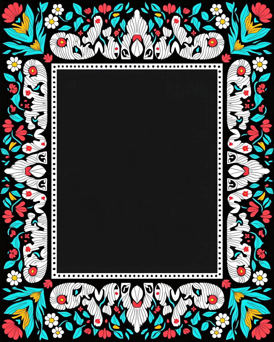 Folk Art Red Coral Teal Floral Border Rug
