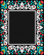 Folk Art Red Coral Teal Floral Border Rug