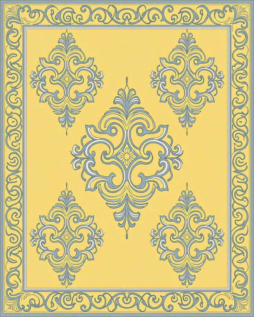 Pale Yellow Gray Damask Scroll Rug
