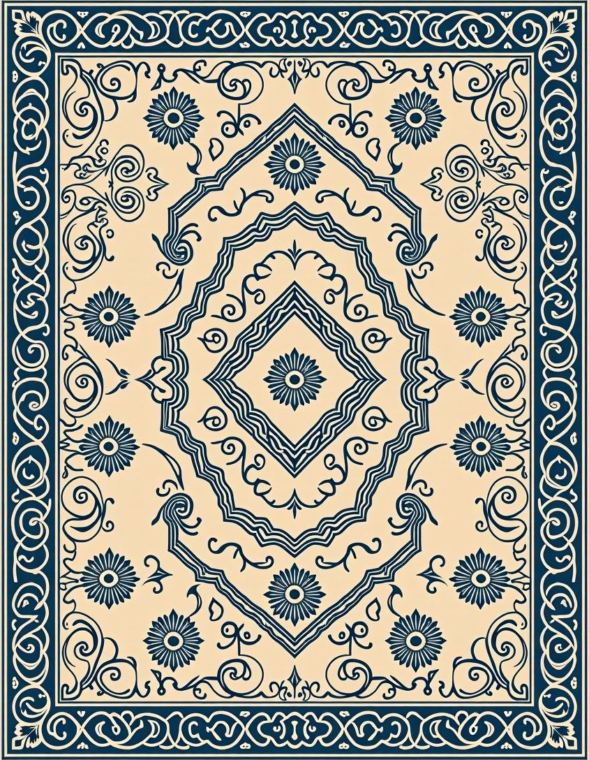 Navy Blue Floral Medallion Cream Rug