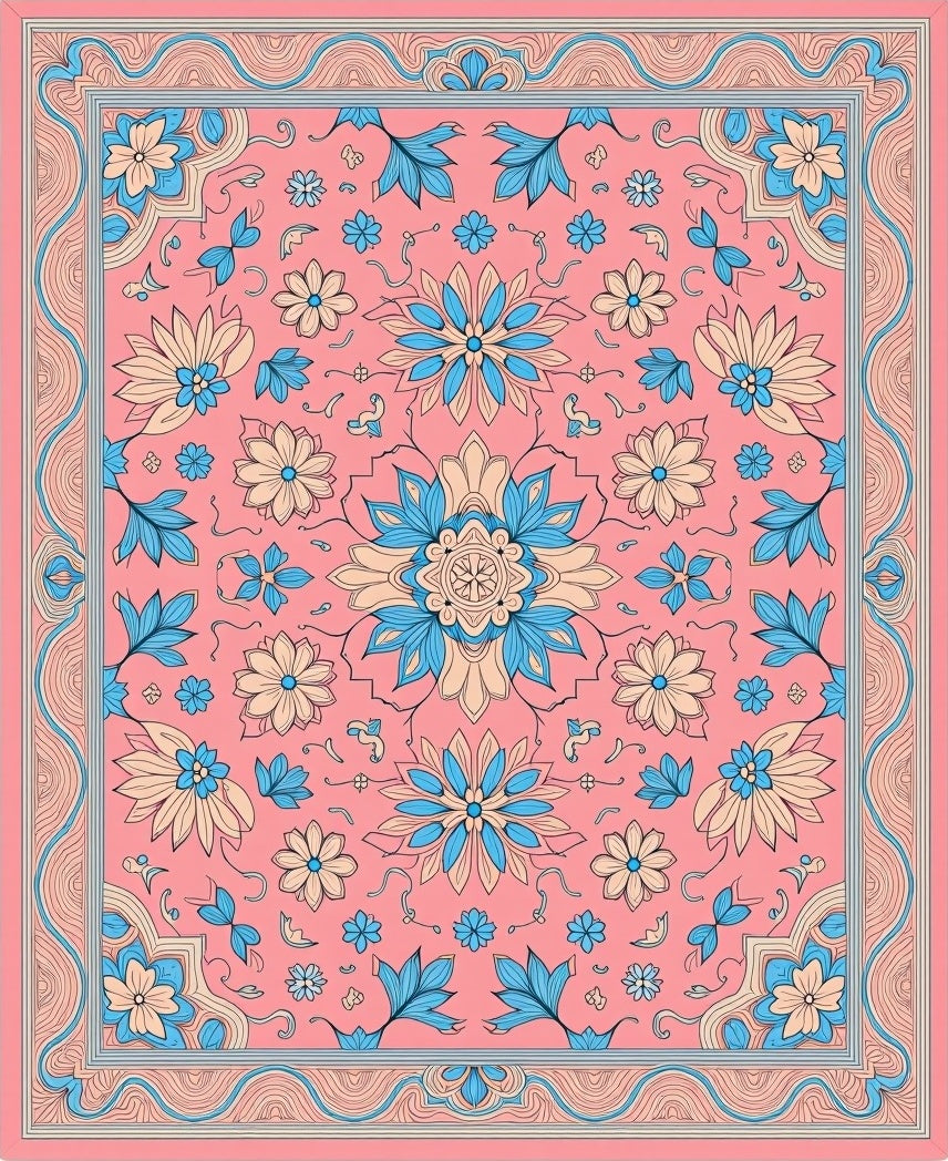 Pink Floral Medallion Blue Border Rug