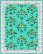 Teal Floral Medallion White Border Rug