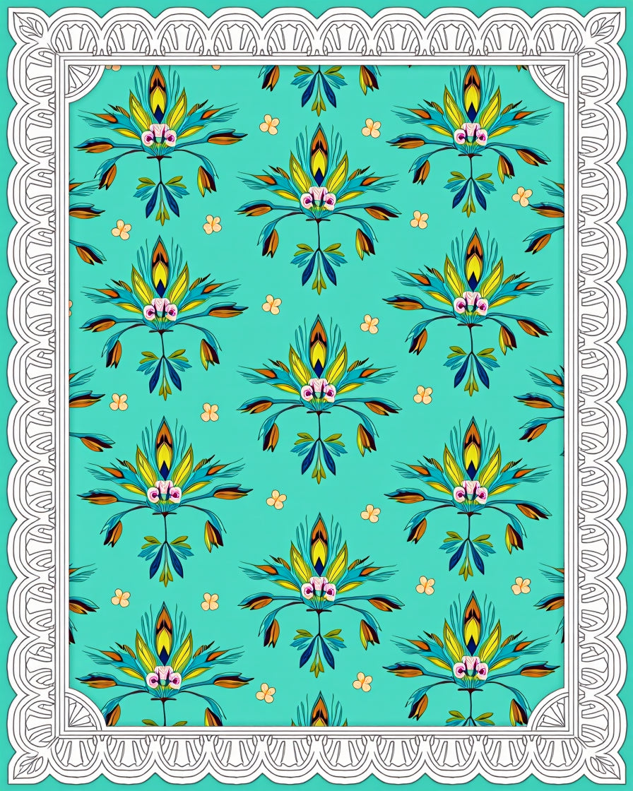 Teal Floral Medallion White Border Rug