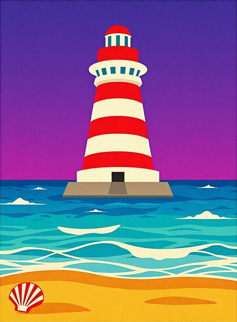 Red White Striped Lighthouse Ocean Artwork Rug