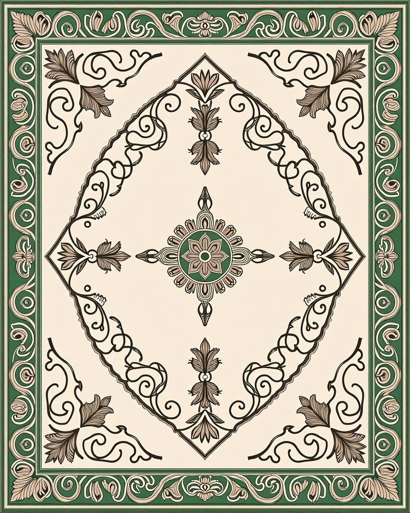 Green Cream Floral Diamond Medallion Rug