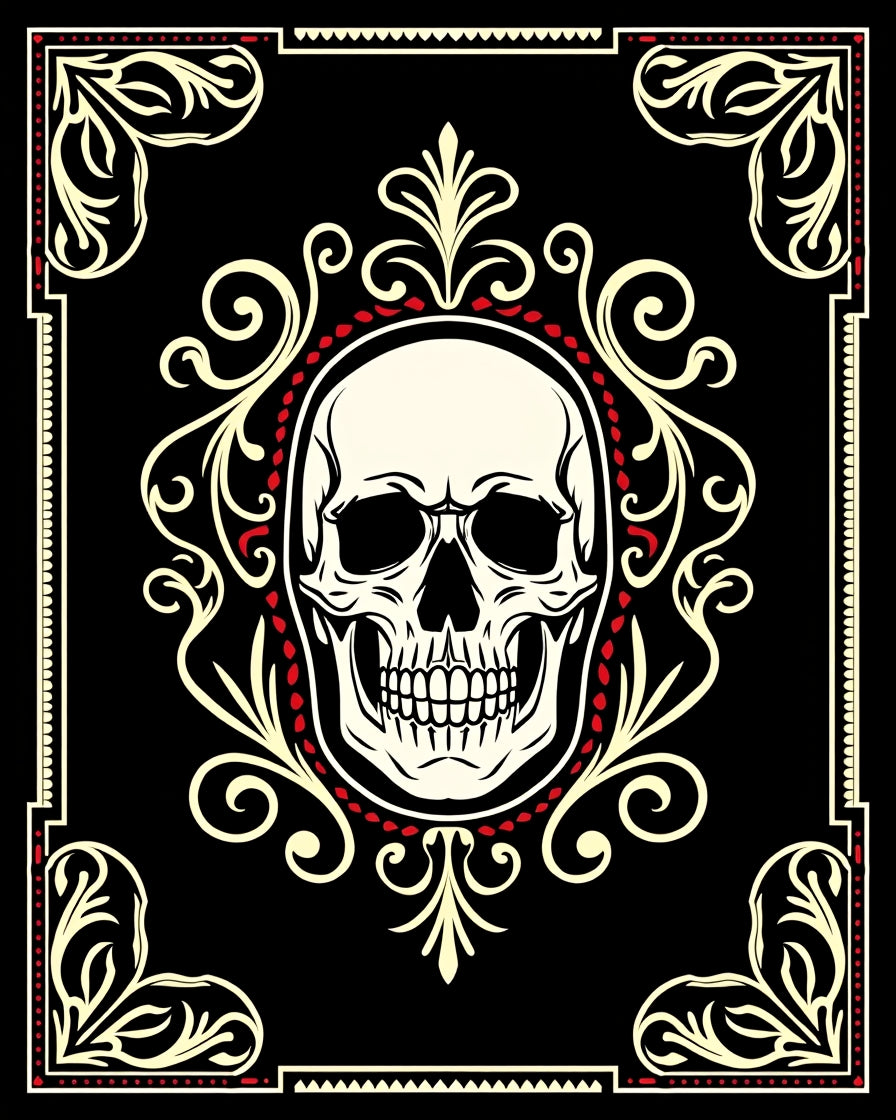 Black Cream Red Skull Ornate Rug