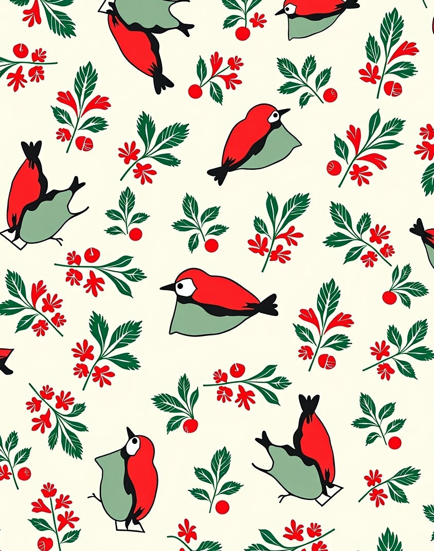 Folk Red Bird Green Branch Accents Rug