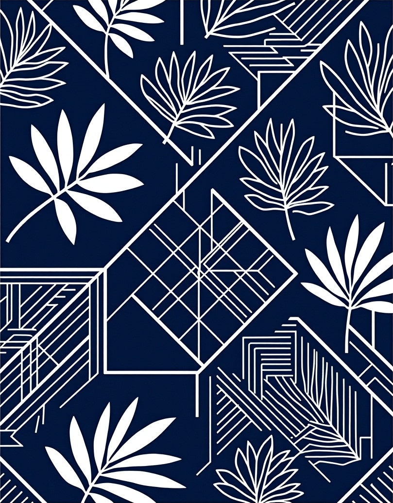 Navy White Tropical Geometric Overlay Rug