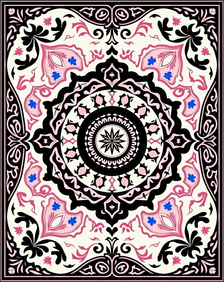 Cream Pink Black Floral Medallion Rug