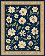 Cream Daisy Navy Botanical Border Rug