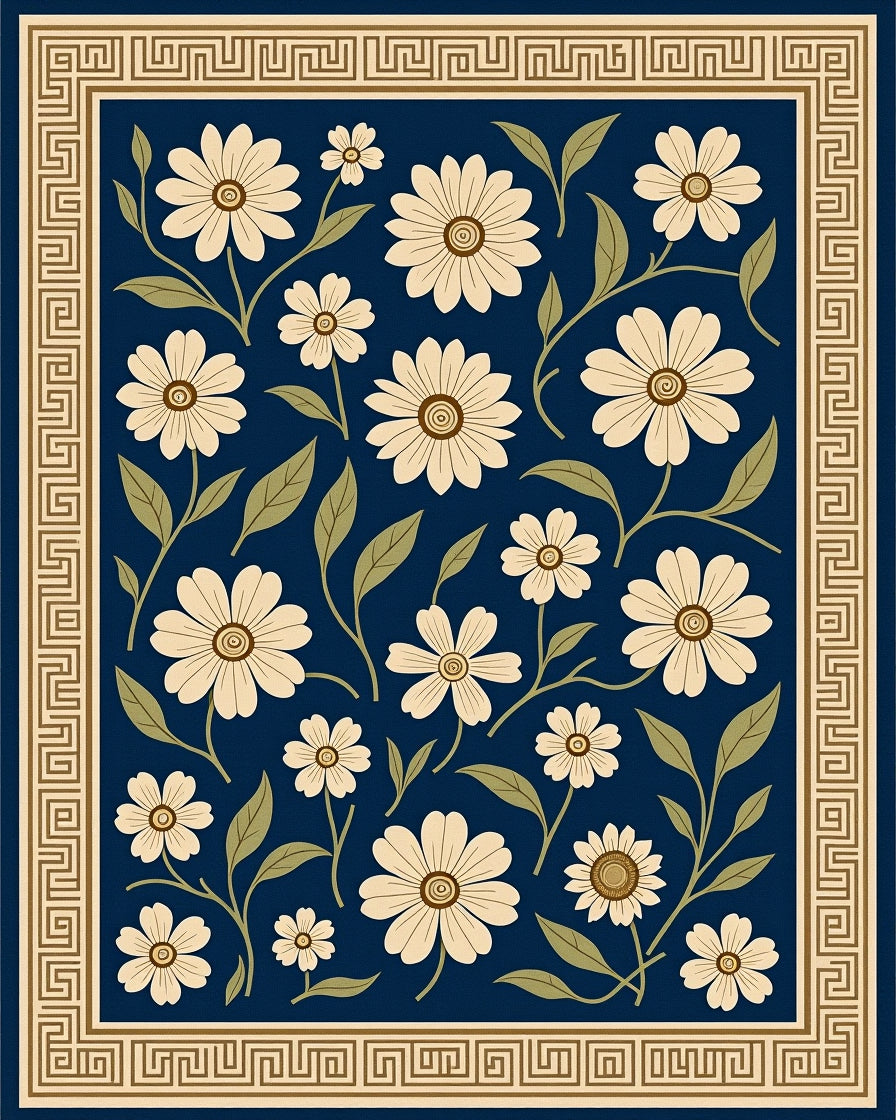 Cream Daisy Navy Botanical Border Rug