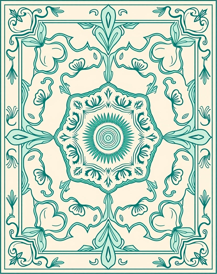 Aqua Floral Medallion Border Rug
