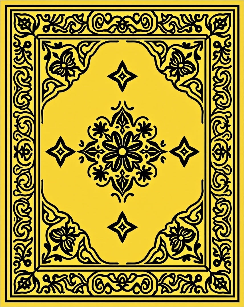 Ornate Black Floral Medallion Yellow Rug